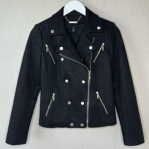 WHBM Faux Suede Vegan Moto Jacket Black with Gold Tone Zippers and‎ Snaps Size 2